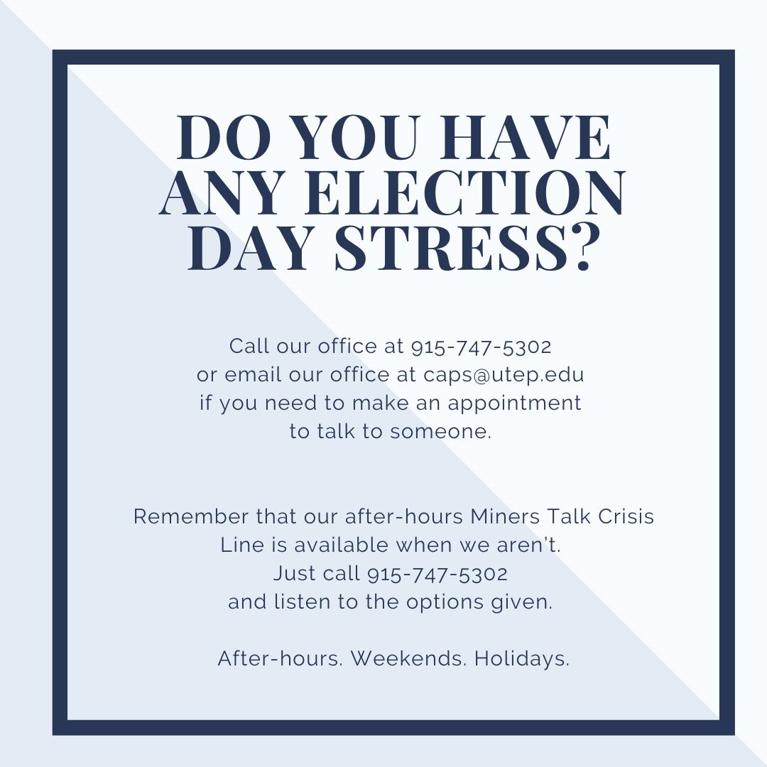 utep_caps's tweet photo. You may find yourself experiencing more stress than usual this week. Our services are available Monday through Friday, 8 am to 5 pm. We also have our after-hours Miners Talk Crisis Line which can be reached at 915-747-5302 - make sure to listen to the options available! https://t.co/mr5mHemUGL