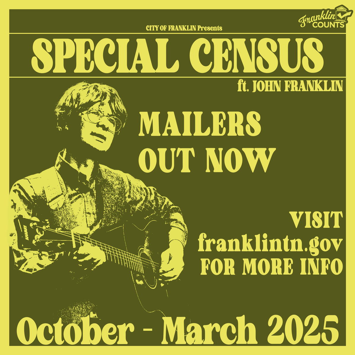 CityOfFranklin's tweet image. The Franklin Special Census is LIVE! 

This Special Census documents our city&apos;s growth to help secure additional state tax revenue. If you&apos;re a Franklin resident, you can easily complete it online or return the mailer sent to you.

Our friendly census takers are already out ding…