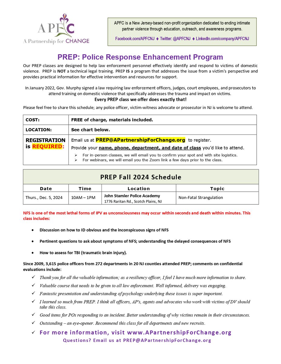 apfcnj's tweet photo. Join us at the John Stamler Police Academy on December 5th for a training on Non-Fatal Strangulation. Our training specialist, Susan Gleason, covers the topic in great detail.

Email PREP@APartnershipForChange.org to reserve your spot. Open to all NJ law &amp; court professionals. https://t.co/KskUAgN87m