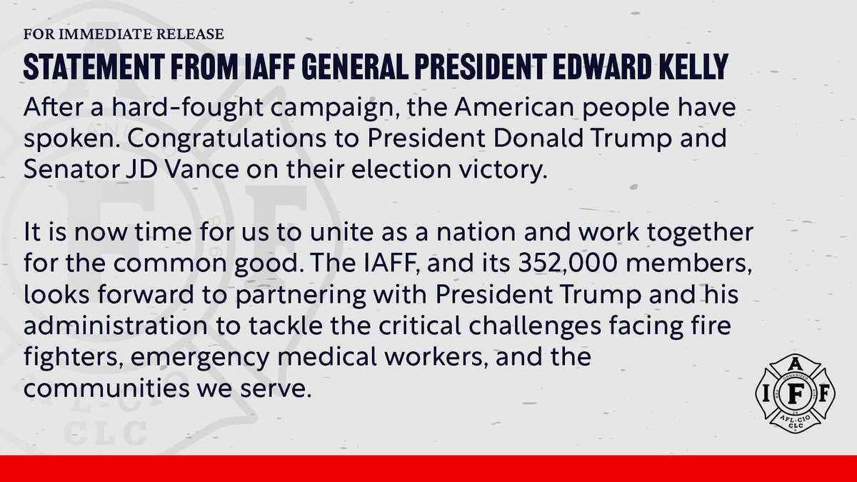 IAFFPresident's tweet photo. Congratulations to President @realDonaldTrump and Senator @JDVance on their election victory.

More: https://t.co/hONVrhId5y