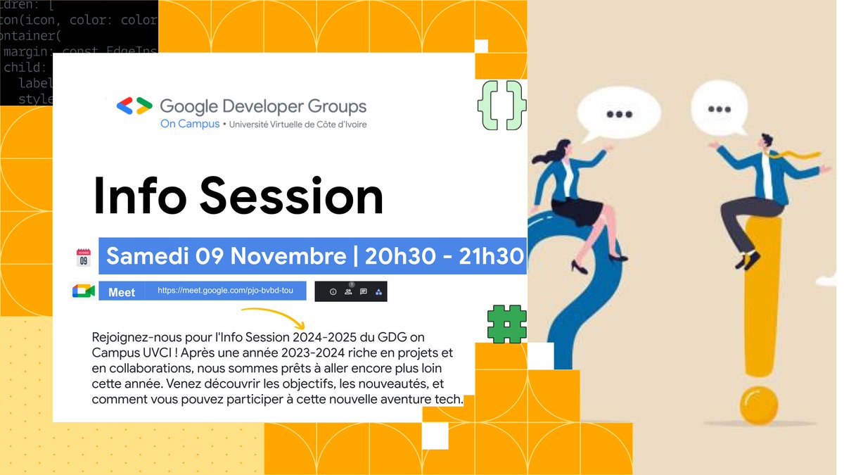 C'est partie...
Info Session vient poser tes questions et connaître ce que le GDG on Campus peux t'offrir

#gdgoc #GDG #UVCI
🔵🔴🟡🟢
 ~Google Developer Groups on Campus- UVCI