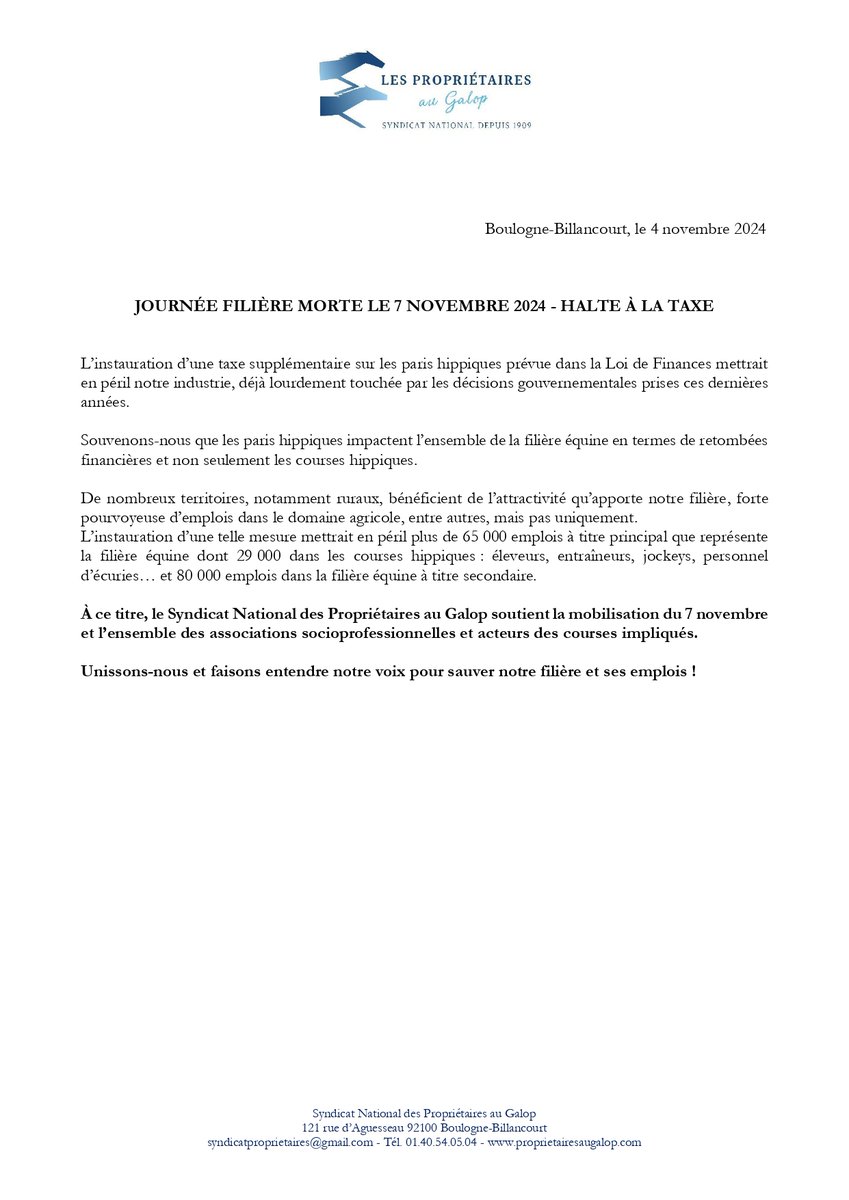 Nous soutenons la mobilisation du 7 novembre et l’ensemble des associations socioprofessionnelles et acteurs des courses impliqués.
Unissons-nous pour sauver notre filière et ses emplois !
#haltealataxe #Mobilisation #manifestation #filieremorte #sauvonsnotrefiliere #solidarite