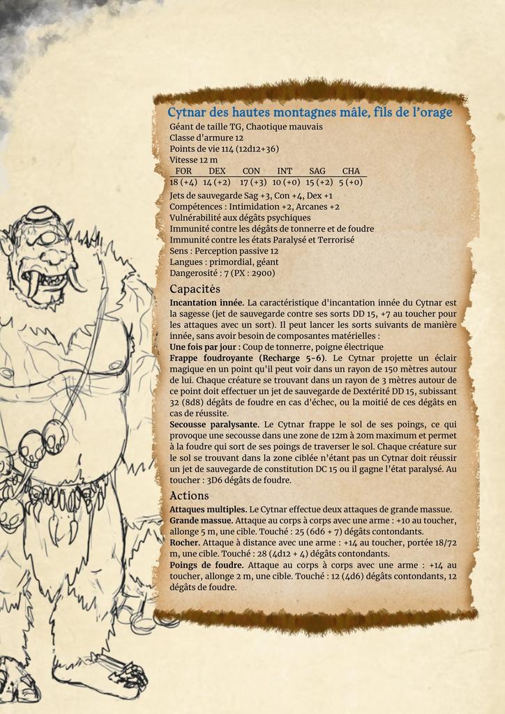 🌩️ Le statblock du Cytnar mâle pour le scénario "la Montagne aux Orages" a été mis-à-jour ! 
Découvrez ses capacités exclusives tel que la secousse paralysante 🫨
Ces créatures géantes créent un combat équilibré contre 4 personnages de niveau 7.

#dnd5e #jdr
