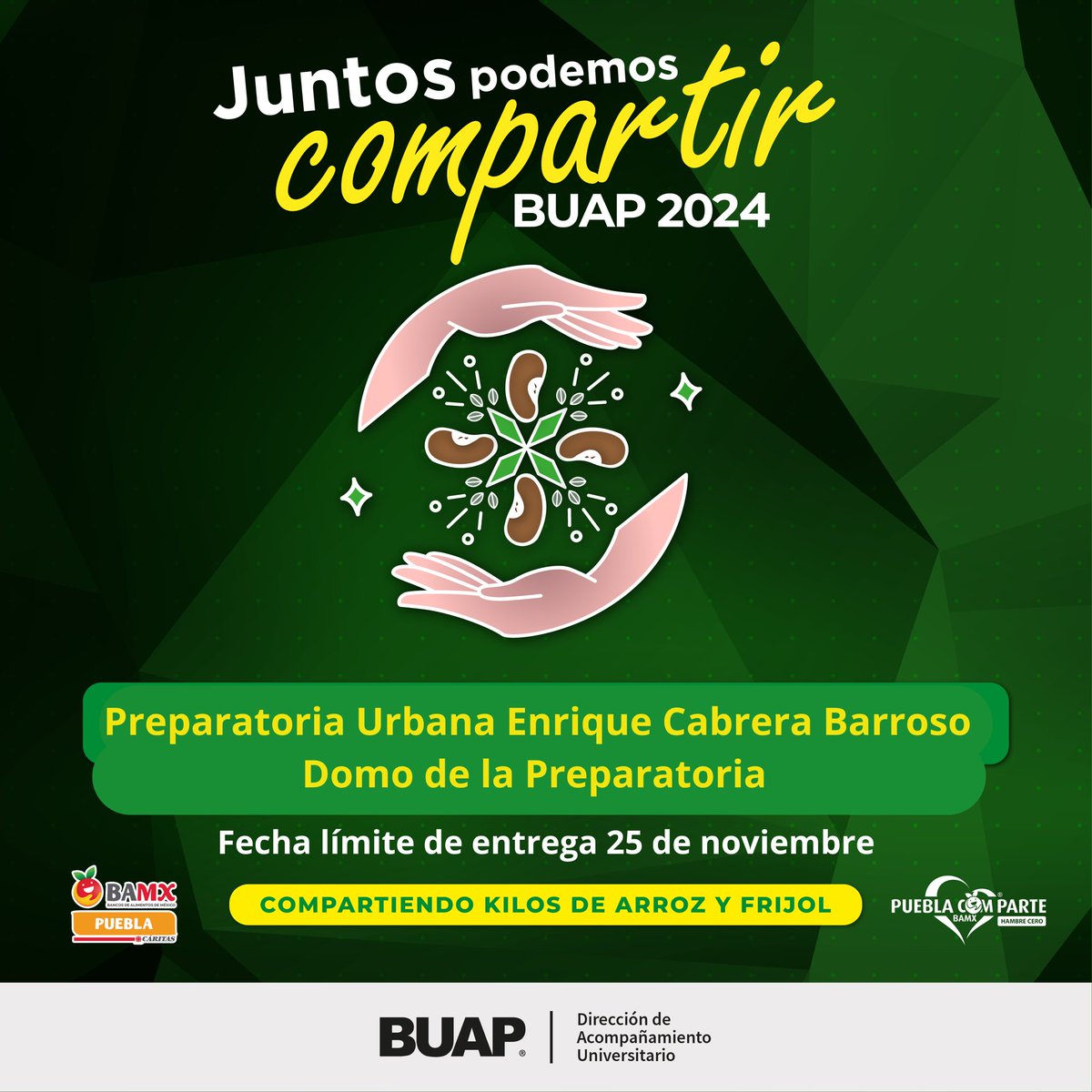 Prepacabrera's tweet photo. #JuntosPodemosCompartir 

La Preparatoria se suma a esta campaña en conjunto con Dirección de Acompañamiento Universitario BUAP compartiendo kilos de Arroz y Frijol. 🙏🏻

Estaremos recibiendo sus aportaciones hasta el 25 de noviembre. 🤝

#AñoDeInnovación https://t.co/0u0vkJszs8