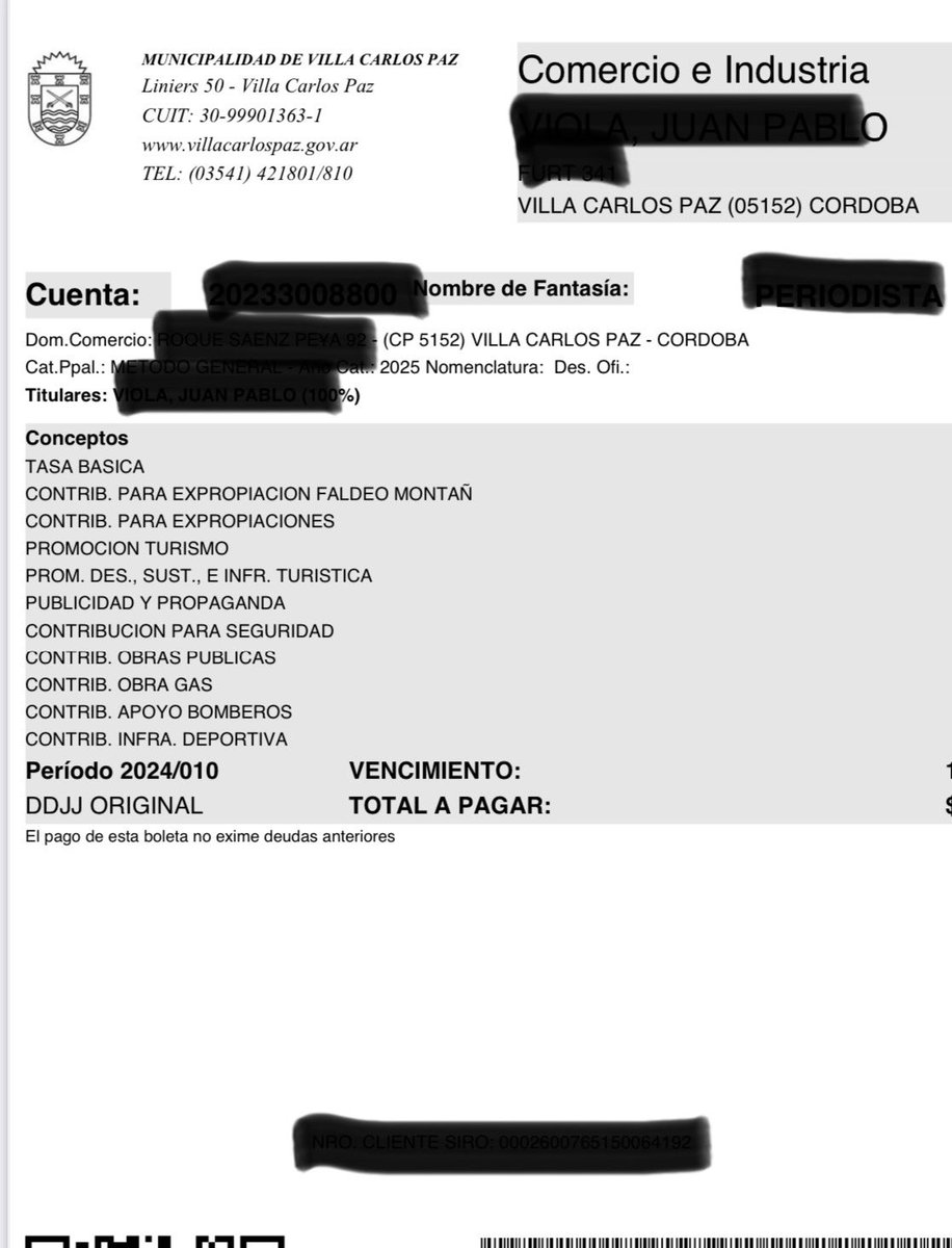 ATENCION 📍Villa Carlos Paz 💣
Tasas e impuestos para la burocracia de los municipios. Cobran 10 ítems q se repiten y superponen para el “gasto del Estado local”. Así no va más … Miren la foto del cédulon y después me cuentan <a href="/Cadena3Com/">Cadena 3 Argentina</a> Así no va más