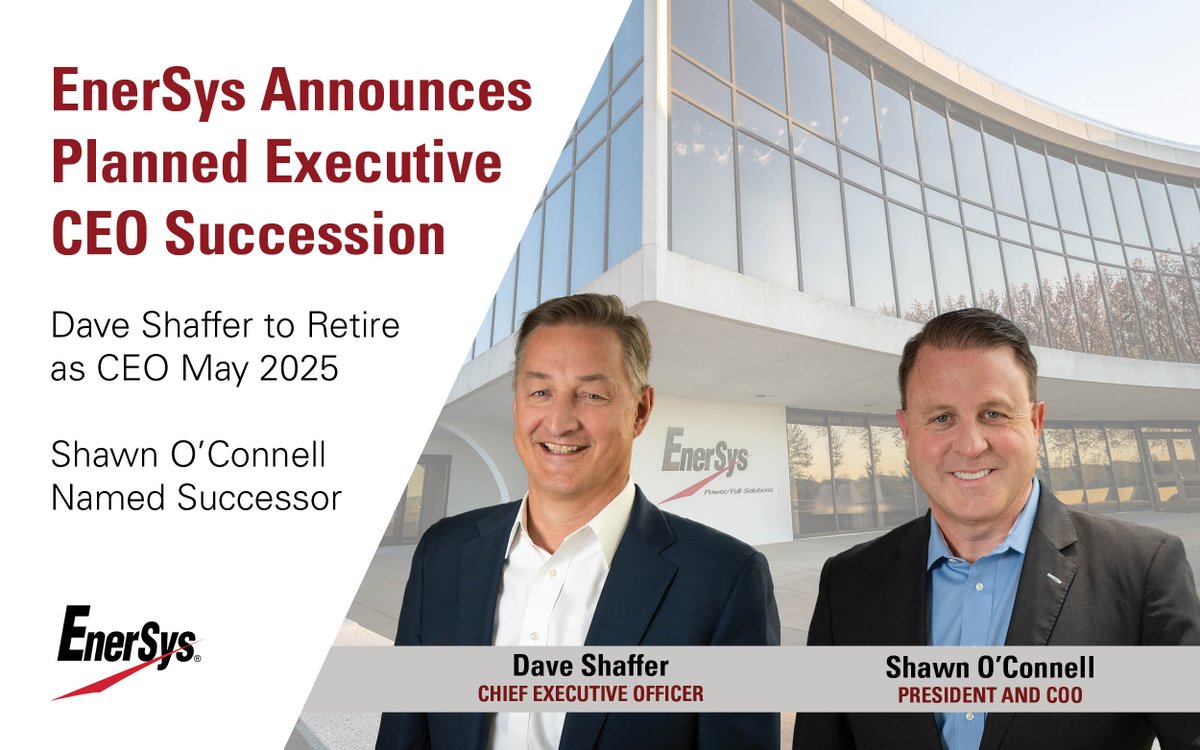 EnerSys shares that Dave Shaffer, President &amp; CEO, will retire in May 2025. As part of a planned transition, Shawn O'Connell, President of Energy Systems Global, is now President &amp; COO, effective immediately, and will succeed as CEO. bit.ly/3YSzcGF