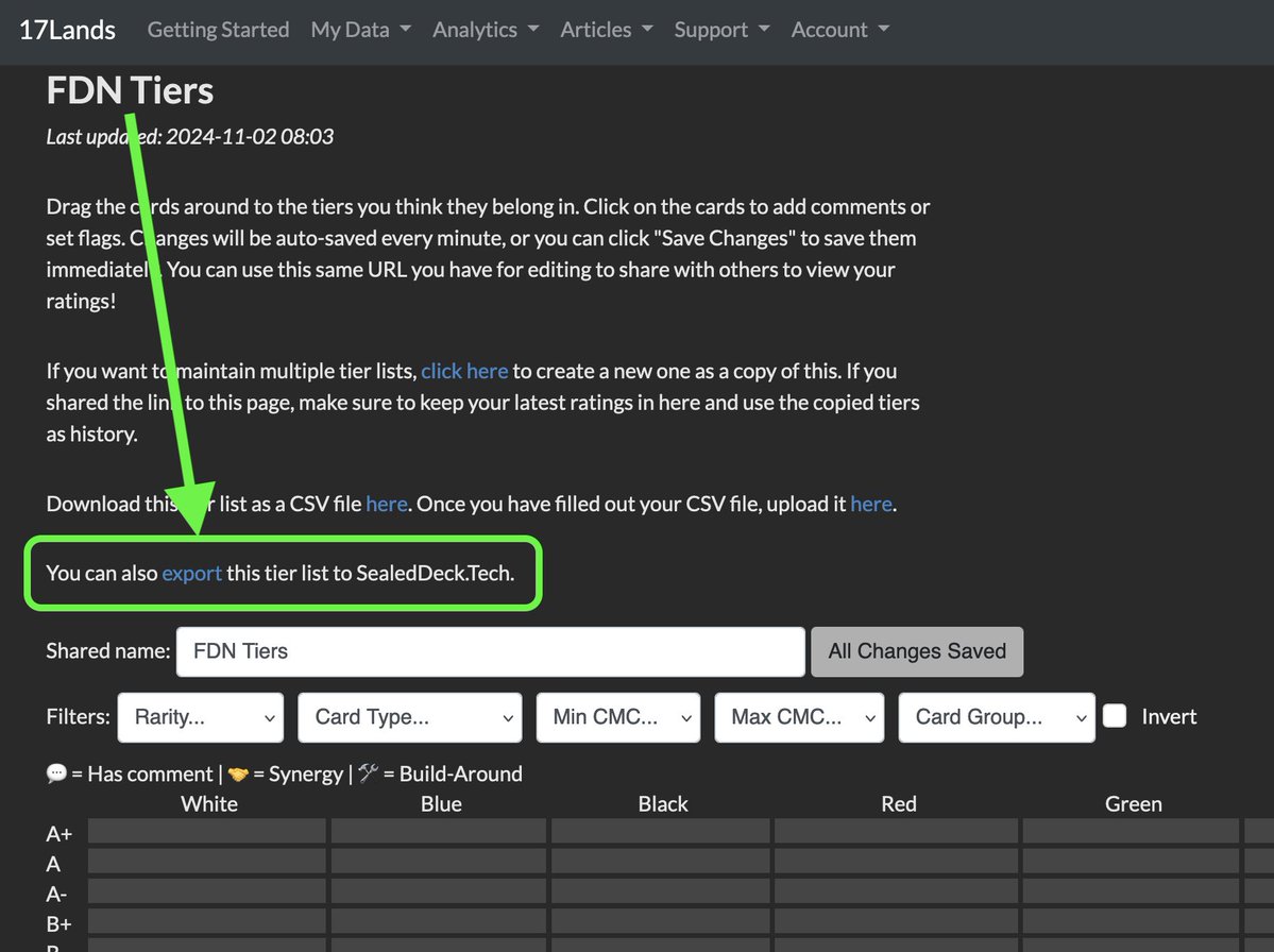 Did you know that you can build Tier Lists on <a href="/SealedDeckTech/">SealedDeck.Tech</a>?

Now you can also edit your <a href="/17Lands/">17Lands</a> tier lists from 17lands.com/tier_lists: