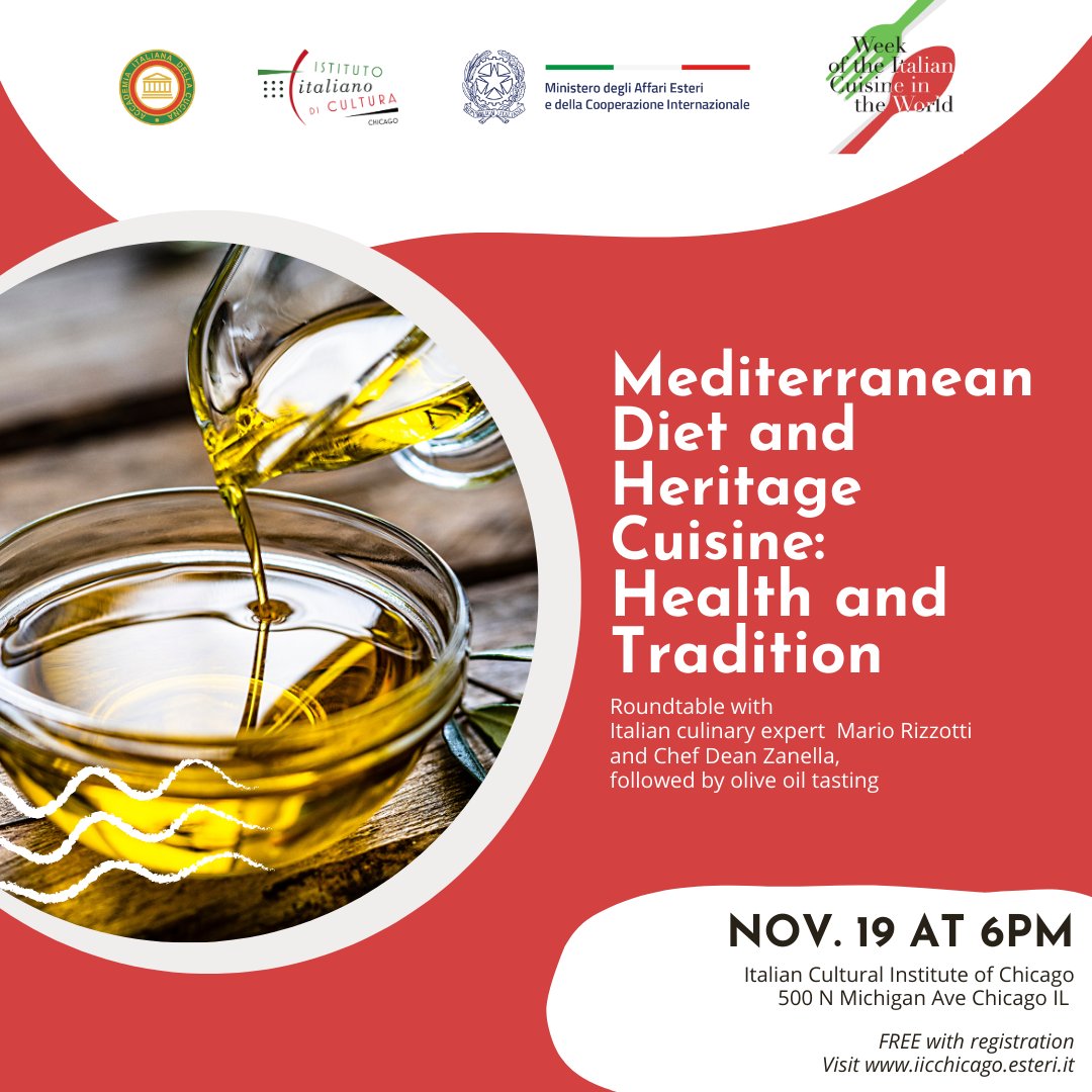 IIC_Chicago's tweet photo. Next week is #settimanadellacucinaitaliananelmondo
Join us at the Istituto for a roundtable discussion on mediterranean diet with Italian culinary expert @RizzottiMario and Chef Dean Zanella followed by a tasting of olive oil.
Info at https://t.co/TwMTyzsjn7
#SCIM24 https://t.co/y8qsC8Fwj1