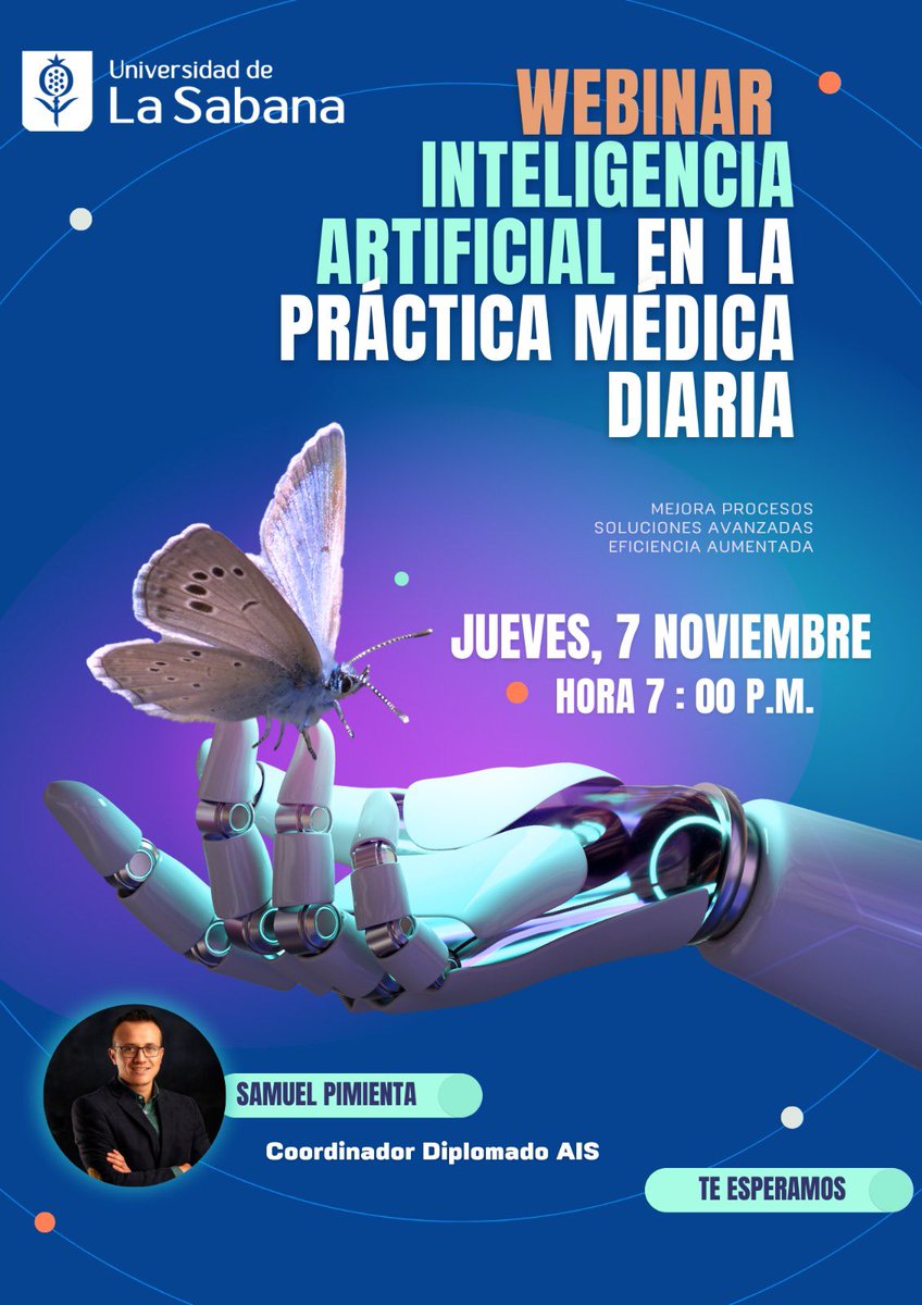 Te invitamos a un webinar gratuito exclusivo sobre "Inteligencia Artificial en la Práctica Médica Diaria".

📅 Jueves 7, noviembre 🕒 7 p.m
💻 Teams
🔗 Conéctate aquí: bit.ly/WebinarIntelig…

Descubre cómo la IA está transformando la medicina y optimiza tu práctica.