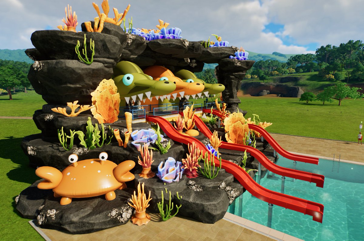FlossCotton1's tweet photo. made another thing in #PlanetCoaster2! Eels in rock with tongue body slides! Although might have gone too far with the coral.. didn't realise It glowed in the dark until I was done. 🪸🪸🦀 https://t.co/EtYLyhc1SN