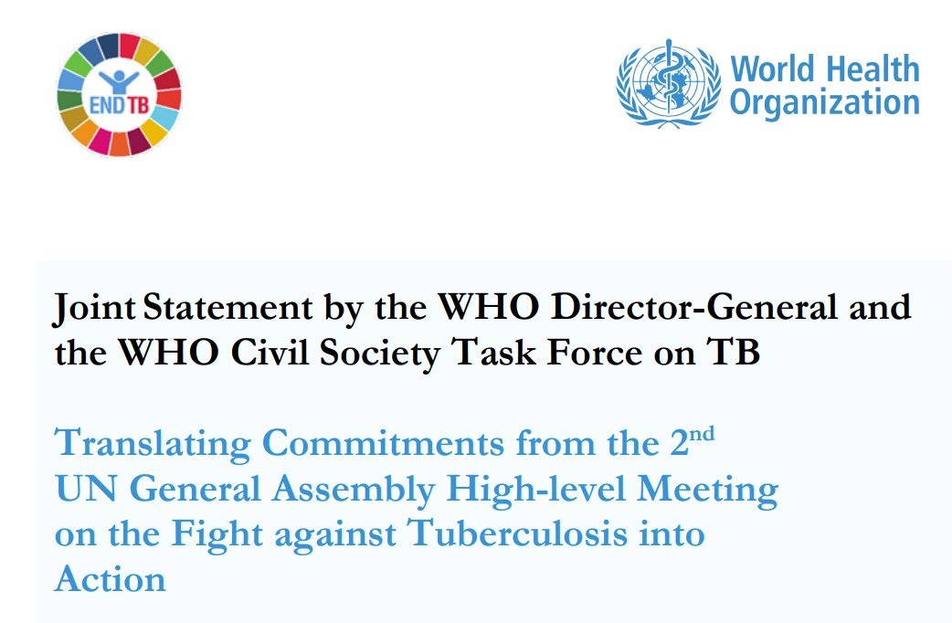 🧵 1/ I’m honored to have joined the <a href="/WHO/">World Health Organization (WHO)</a> Civil Society Task Force on #Tuberculosis (#CSTFTB) this year. Our joint statement with <a href="/DrTedros/">Tedros Adhanom Ghebreyesus</a> on translating commitments from the 2nd #UNHLM on TB has just been released! 🌐 #EndTB
cdn.who.int/media/docs/def…