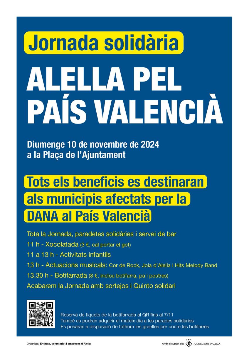 ANC-Alella s'adhereix a la Jornada solidaria ALELLA X PAÍS VALENCIÀ que es farà el proper diumenge dia 10 a la Plaça de l'Ajuntament.

Es faran moltes activitats 🎤🎰 🎸 per a nens i adults. 
Tots els guanys 💰 es donaran als municipis afectats per la DANA.