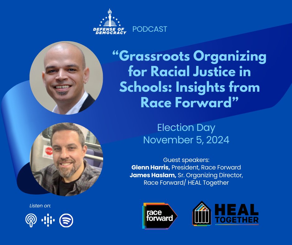 HEAL Together (@healschools) on Twitter photo In this Defense of Democracy <a href="/_dofd/">Defense of Democracy</a> podcast, Karen Svoboda talks with Glenn Harris and James Haslam of Race Forward about the history of public education, the #PublicSchoolStrong campaign, and how public education is the foundation for a just democracy.
defenseofdemocracy.org/podcast/ In this Defense of Democracy <a href="/_dofd/">Defense of Democracy</a> podcast, Karen Svoboda talks with Glenn Harris and James Haslam of Race Forward about the history of public education, the #PublicSchoolStrong campaign, and how public education is the foundation for a just democracy.
defenseofdemocracy.org/podcast/