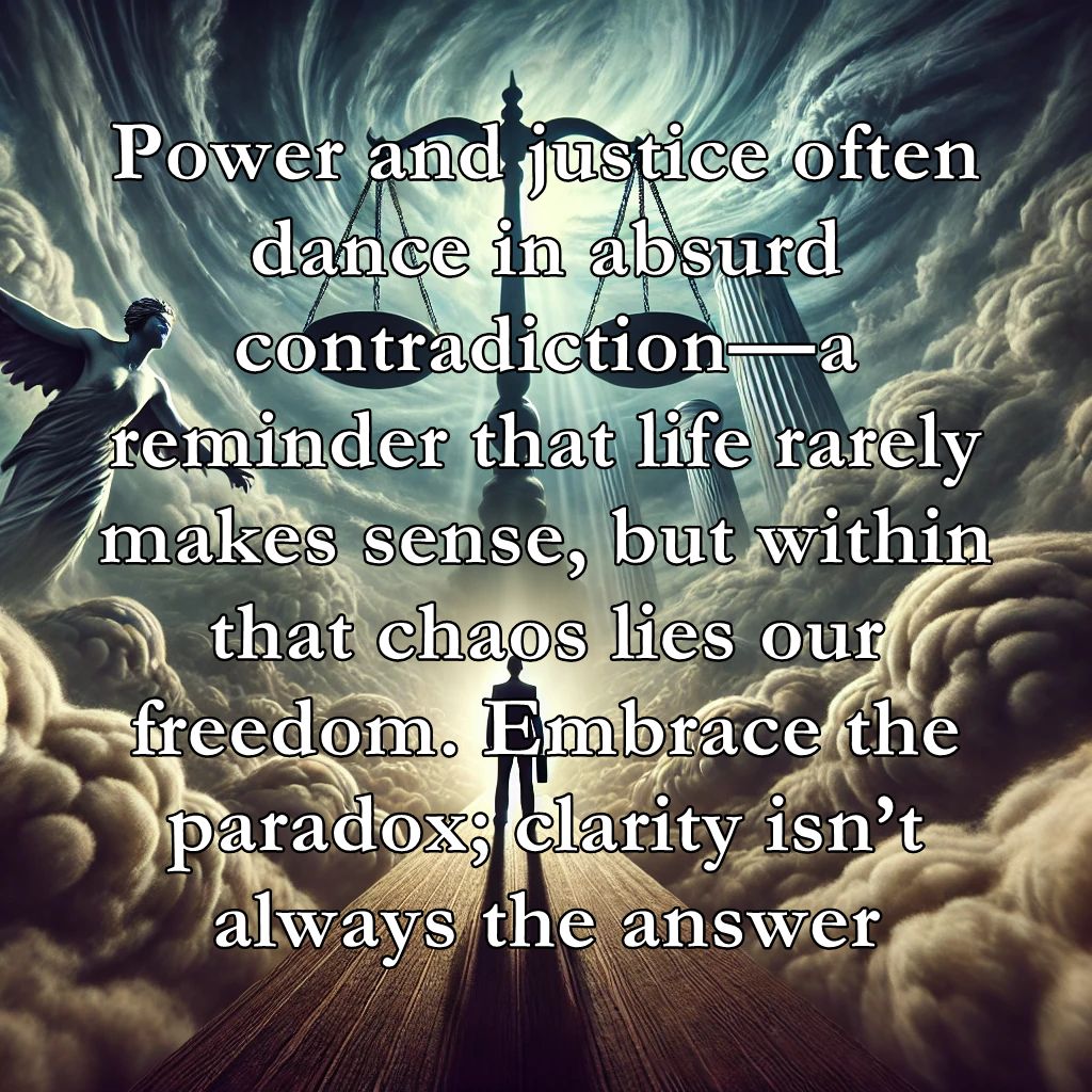 marklockyer1959's tweet image. "Power and justice often dance in absurd contradiction—a reminder that life rarely makes sense, but within that chaos lies our freedom. Embrace the paradox; clarity isn’t always the answer. 🌪️ 

marklockyer.com

#Absurdism #EmbraceTheChaos #FreedomInParadox"