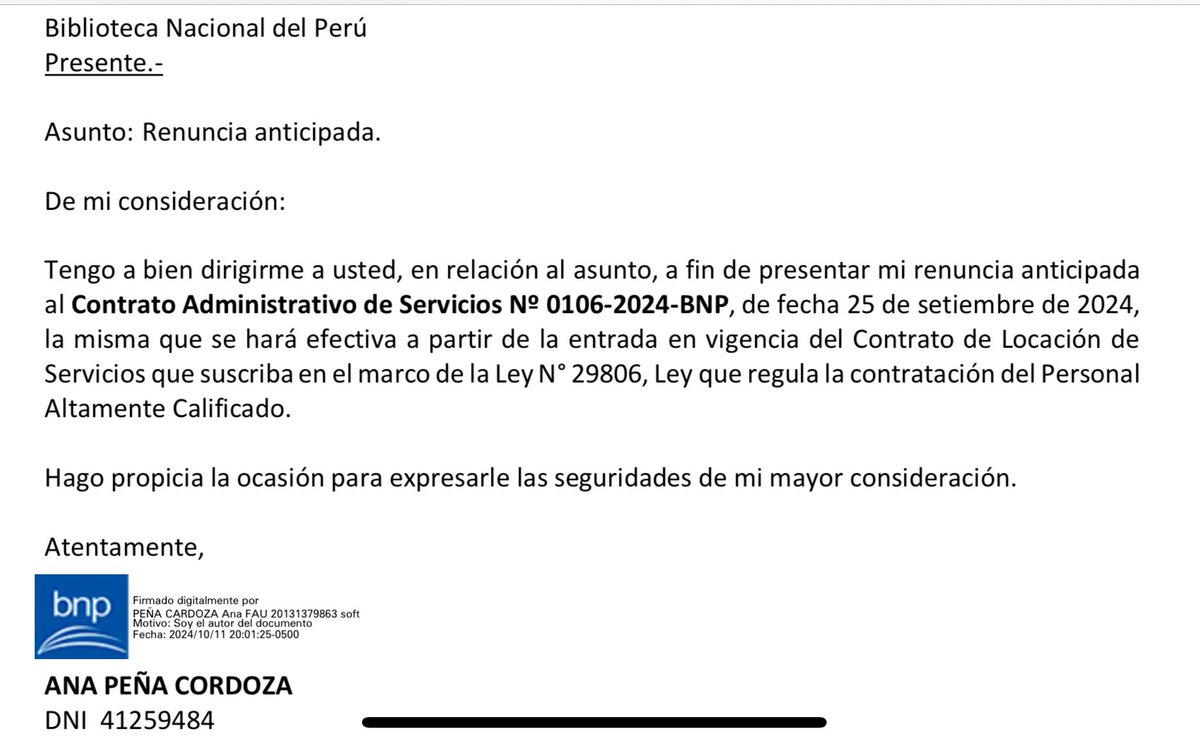 ‼️ Las bonanzas de la Biblioteca Nacional del Perú:
La jefa de la BNP, Ana Peña Cardoza, acaba de lograr que le suban el sueldo a S/ 22 mil mensual.
La señora renunció a su contrato CAS de S/16 mil. En tiempo récord, logró que su contrato sea como “Personal Altamente Calificado,