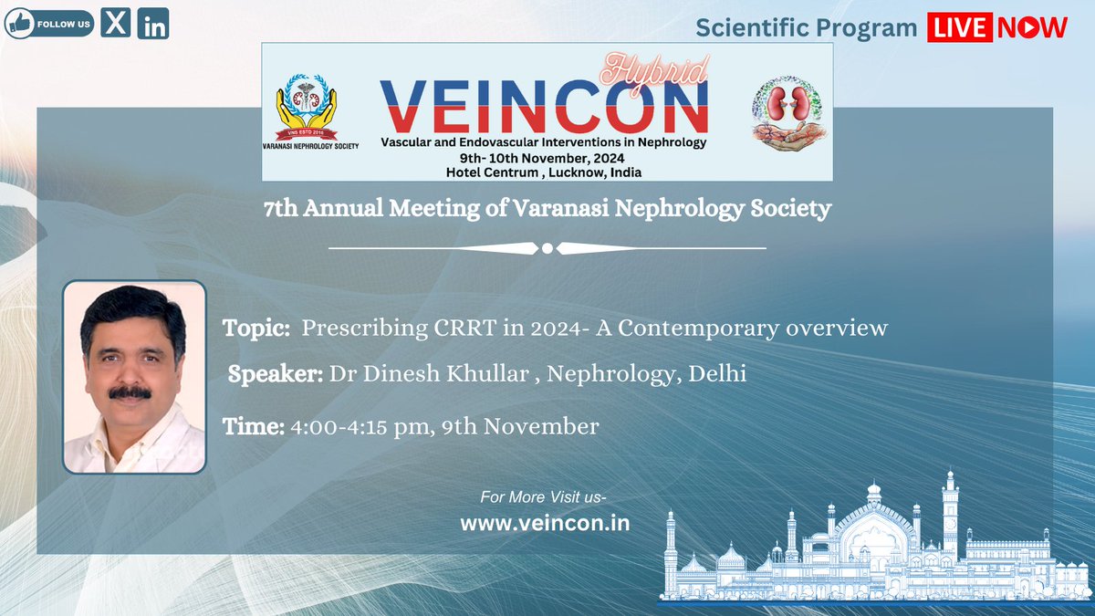 🔹 Excited to welcome Dr. Dinesh Khullar to #VEINCON2024! He’ll share insights on "Prescribing CRRT in 2024 - A Contemporary Overview," highlighting the latest in #DialysisCare and #CRRT.

🕒 Catch his talk on Nov 9, 4:00 - 4:15 PM!

Join us for this key discussion