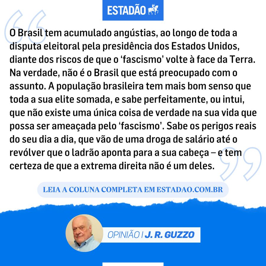 mauad_joao's tweet photo. Guzzo é sempre preciso!! 🎯

Vitória de Trump põe Lula, professores da USP e banqueiros de ‘pegada social’ em ansiedade extrema
Por J R Guzzo

"O Brasil tem acumulado angústias, ao longo de toda a disputa eleitoral pela presidência dos Estados Unidos, diante dos riscos de que o “fascismo” volte à face da Terra. Na verdade, não é o Brasil que está preocupado com o assunto. A população brasileira tem mais bom senso que toda a sua elite somada, e sabe perfeitamente, ou intui, que não existe uma única coisa de verdade na sua vida que possa ser ameaçada pelo “fascismo”. Sabe os perigos reais do seu dia a dia, que vão de uma droga de salário até o revólver que o ladrão aponta para a sua cabeça – e tem certeza de que a extrema direita não é um deles.

Quem fica falando dia e noite disso são Lula, os professores da USP e os banqueiros com “pegada social” – e quem mais se inclui no seu mundo. Devem estar com a ansiedade em modo extremo, desde ontem, com a vitória de Donald Trump para a presidência americana. Segundo disse às vésperas eleição o presidente brasileiro, Trump vai trazer de volta para os Estados Unidos e o mundo não apenas o “faxismo”, como ele diz, mas também o “nazismo”. Espera-se, então, a breve abertura de fornos crematórios, campos de concentração e a troca do FBI pela Gestapo nos Estados Unidos.

É a soma da afirmação cretina com a hipocrisia que faz parte do DNA de Lula – ele já cumprimentou e desejou boa sorte para o homem que chamou de fascista e nazista três dias atrás. Mas nem Lula nem a esquerda precisam se incomodar com o “fascismo” nos Estados Unidos. A mercadoria está disponível aqui mesmo, para entrega imediata, e um de seus principais produtores é justamente o mais precioso dos seus aliados – o Supremo Tribunal Federal. Querem mesmo combater o fascismo? É só mandar a Polícia Federal “cumprir mandados” na nossa “suprema corte”, como diz Lula. Vai sair de lá com o camburão lotado com o que existe de mais parecido a um fascista de carteirinha nesta altura do século XXI.

Neste preciso momento, por exemplo, o ministro Flavio Dino desfila como o porta-estandarte mais embandeirado do fascismo brasileiro – o que existe no mundo das realidades, e não a versão falsificada que o governo apresenta. Mandou queimar livros, para todos os efeitos práticos. Não com “substância inflamável”, como diria o ministro Alexandre de Moraes, mas proibindo a sua circulação e leitura, o que dá exatamente na mesma. O último regime que fez isso foi a Alemanha nazista, irmã gêmea do fascismo que deixa tão assustadas as classes culturais, o governo e, vejam só, o próprio STF.

Destruir livros é um dos atos de fascismo mais explícitos que um regime pode cometer. É também algo que está expressamente proibido pela Constituição Federal, no artigo 220. Está escrito ali: “A manifestação do pensamento, a criação, a expressão e a informação, sob qualquer forma, processo ou veículo, não sofrerão qualquer restrição”. Qual a dúvida que poderia haver em relação a isso? Para fechar pelos sete lados, o texto diz logo em seguida que é proibido fazer leis que possam conter qualquer “embaraço à plena liberdade de informação” e qualquer “censura de natureza política, ideológica e artística”. Isso quer dizer, muito simplesmente, que a decisão do ministro viola a Constituição.

A argumentação de Flavio Dino não tem nada do que se possa entender como “argumento”; é apenas uma miserável coleção de opiniões baratas que você pode encontrar no primeiro boteco da esquina. Os livros censurados, todos compêndios de direito, contém trechos que ele considera “homofóbicos” e ofensivos “às mulheres”. E que raios isso tem a ver com as funções de um ministro do mais alto tribunal de justiça do Brasil? Há leis que regulam o tema; se os autores e os editores cometeram infrações à regra legal, têm de ser processados, julgados e condenados, ou absolvidos, dentro do devido processo da lei. Mas censura não existe, e o ministro está praticando censura da forma mais primitiva.

É um insulto aos brasileiros dizer, como diz pela milésima vez um juiz do STF, que “a liberdade de opinião não é absoluta”. E quem está dizendo que é? Todos os delitos que podem ser cometidos através do uso da liberdade de expressão, sem nenhuma exceção, são previstos no Código Penal e em outras leis. Todos, sem exceção, são responsáveis por cada sílaba que digam em público. Têm de responder, penal e civilmente, pelo que falam ou escrevem – mas têm, sim, o direito de falar e de escrever o que queiram.

Quem não gosta do que está escrito num livro tem todo o direito de não ler, de criticar, de não ir mais à livraria onde está à venda, de não comprar mais nenhum livro da editora responsável. Mas não pode exigir que o livro seja tirado de circulação – nem ele, nem o ministro Dino e nem ninguém. Quem censura é fascista, ou comunista, que falam, falam e falam, mas querem precisamente a mesma coisa – a ditadura. O ministro já foi glorificado por Lula como “o primeiro comunista a ser nomeado para o STF”. Para não deixar dúvida nenhuma, também está agindo como um fascista de primeiro grau."

https://t.co/rfFzIgoEp0