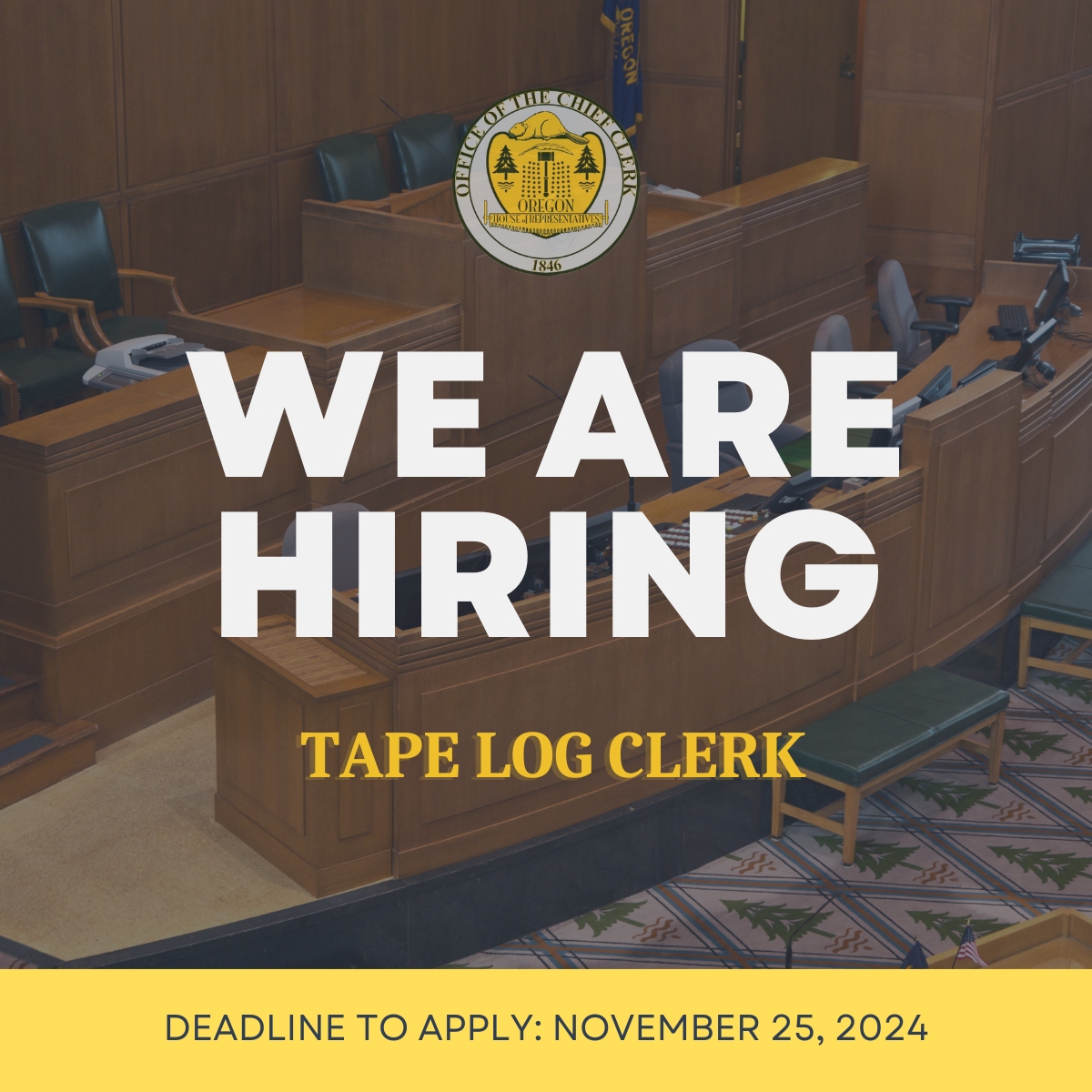 ORChiefClerk's tweet photo. We're Hiring! Our office is hiring for a Tape Log Clerk for the 2025 Legislative Session. This position is responsible for producing the detailed recording log for the House daily floor session. 

Learn more &amp; apply here: https://t.co/SI83OP1ldv https://t.co/aXVBNXVQoa