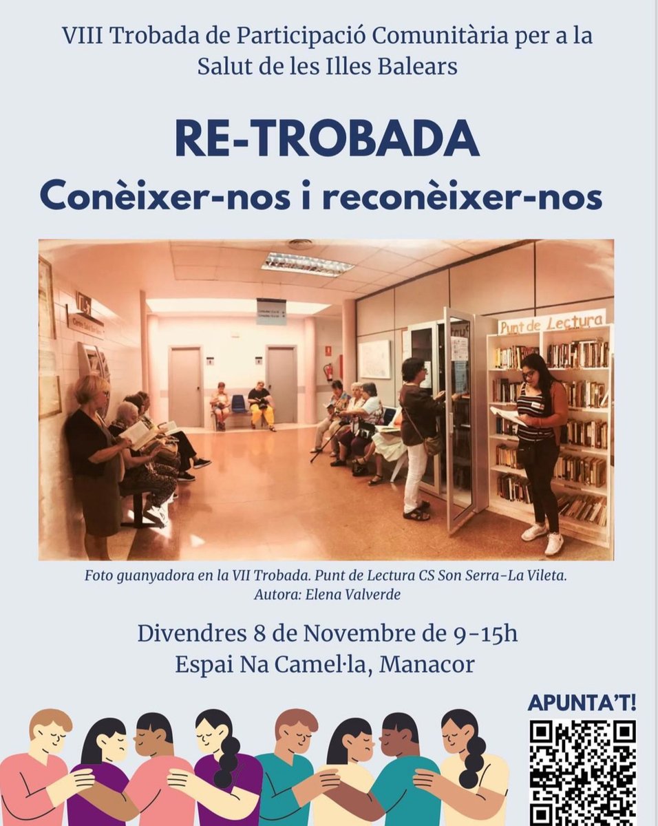 👋 Demà 8 de novembre celebrarem  la VIII Trobada de participació comunitària per a la salut a Balears amb el lema “Re-Trobada: Conèixer-nos i reconèixer-nos”. 
 
📍Na Camel·la (Manacor) 
ℹ️ Info i inscripcions ↩️
…trobadasalutcomunitaria.wordpress.com/programa/

<a href="/pacap_illes/">PACAP Illes Balears</a> <a href="/asociacionABIC/">ABIC</a>