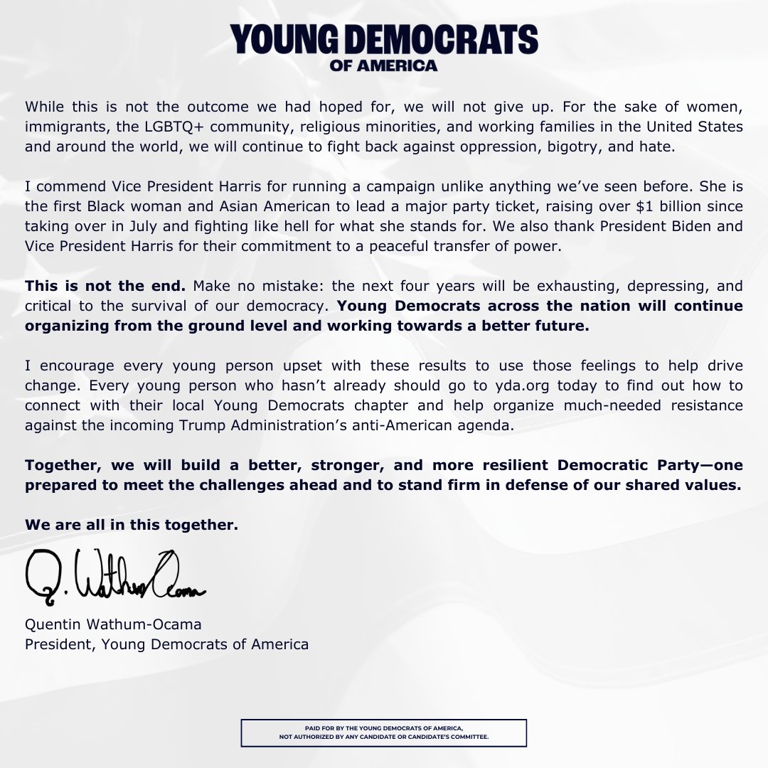 youngdems's tweet photo. Statement on the Results of the 2024 Presidential Election from YDA President Quentin Wathum-Ocama (@QuentinOcama). https://t.co/Q73bzJnXyw