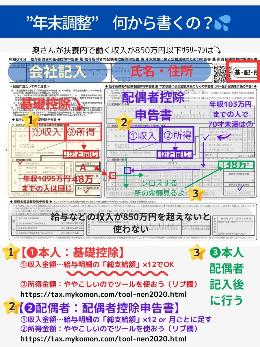 mam_mny's tweet photo. 「ハァ… “年末調整”の用紙ってどこから書くの？」って同僚が聞いてきたので『自分の収入から順に書いたらいいんじゃない？』って伝えたら、「収入って何の金額を書いたらいいの？」ってまさかの質問。”収入金額”の出し方から、書き方までまとめたよ↓ https://t.co/FsPxo06qJs