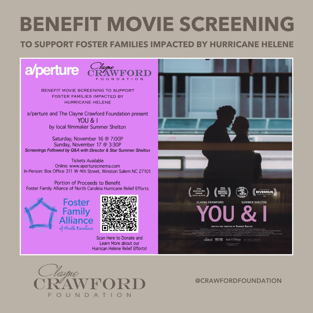 Crawford Foundation (@ccf_birmingham) on Twitter photo Benefit movie screenings to support foster families impacted by Hurricane Helene <a href="/FosterFamilyNC/">Foster Family Alliance of NC</a>
YOU & I
Starring @claynecrawford & Summer Shelton
Nov 16 & 17
Incl. Q&A w/ Summer Shelton
aperturecinema.com
Donations also accepted💙
crawfordfoundation.org
#hurricanerelief Benefit movie screenings to support foster families impacted by Hurricane Helene <a href="/FosterFamilyNC/">Foster Family Alliance of NC</a>
YOU & I
Starring @claynecrawford & Summer Shelton
Nov 16 & 17
Incl. Q&A w/ Summer Shelton
aperturecinema.com
Donations also accepted💙
crawfordfoundation.org
#hurricanerelief