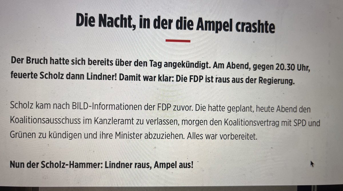 Dieser Eindruck hat sich im Laufe des Tages immer stärker verdichtet: #Lindner hat ein doppeltes Spiel gespielt. Er verhandelte heute noch mit #Scholz und #Habeck &amp; hätte morgen dann trotzdem die Ampel verlassen. Das muss Scholz irgendwann klar geworden sein, dann entließ er ihn.