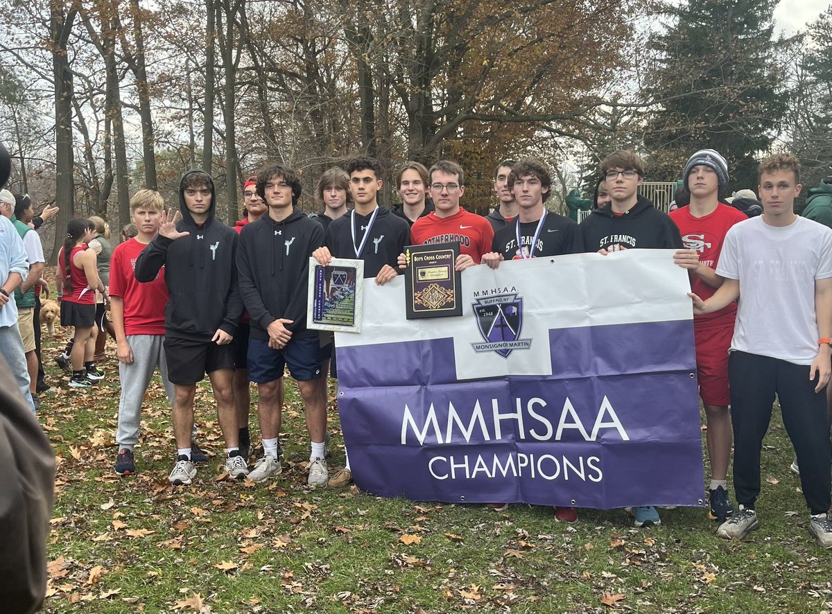 SFHS_Athletics's tweet photo. Cross Country claims its 5th consecutive All-Catholic Championship. 
Mike Stadler ‘25 and Ryan Borrello ‘25 were 1st Team All-Catholic finishing 2nd and 5th. 
#RaidersRecharged
@MonsignorMartin @WNYAthletics @bufnewspreptalk @Stfrancishigh https://t.co/wK5vcBZvOb