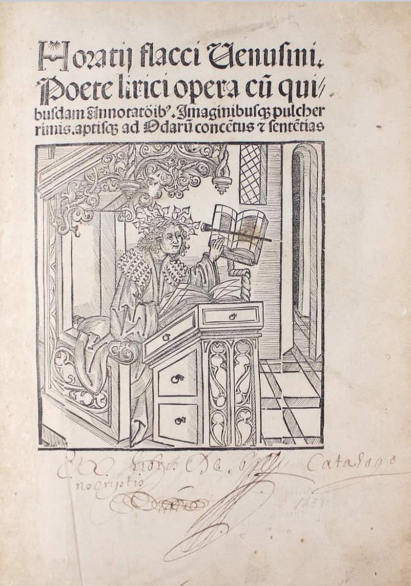PabloStoner1's tweet image. Primera edición ilustrada de las obras de Horacio, editada por Jacob Lochner.
 Estrasburgo, Iohanis Reinhardt, qrto idus marzo, 1498.
Folio (28,7 x 20 cm.) 6 h. inc. port. grabada en madera, CCVII fol., al vuelto del último el colofón, 1 h. bl., 6 h. sin num. 
#Incunable