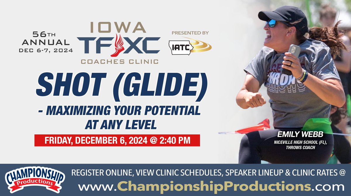 Iowa TF/XC Coaches Clinic (@iowatrackclinic) on Twitter photo 🗓️One month from today!! The 56th annual IA TF/XC Coaches Clinic begins⚡️- right at about this time on Friday Dec 6th, throws coaches be learning from <a href="/NicevilleTrack/">Niceville Track & Field</a>'s <a href="/CoachWebb1337/">Coach Emily Webb</a> with her 2nd session of the clinic - presenting on the 'High Jump'
👇Remember to register before 🗓️One month from today!! The 56th annual IA TF/XC Coaches Clinic begins⚡️- right at about this time on Friday Dec 6th, throws coaches be learning from <a href="/NicevilleTrack/">Niceville Track & Field</a>'s <a href="/CoachWebb1337/">Coach Emily Webb</a> with her 2nd session of the clinic - presenting on the 'High Jump'
👇Remember to register before