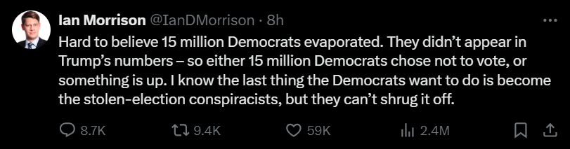 I mean, yeah, they decided not to vote. I think these jackasses underestimate how many people didn't want to vote for genocide. I wasn't excited to vote for Harris and I'm not excusing abstention but...c'mon, that was not a "flawless campaign."