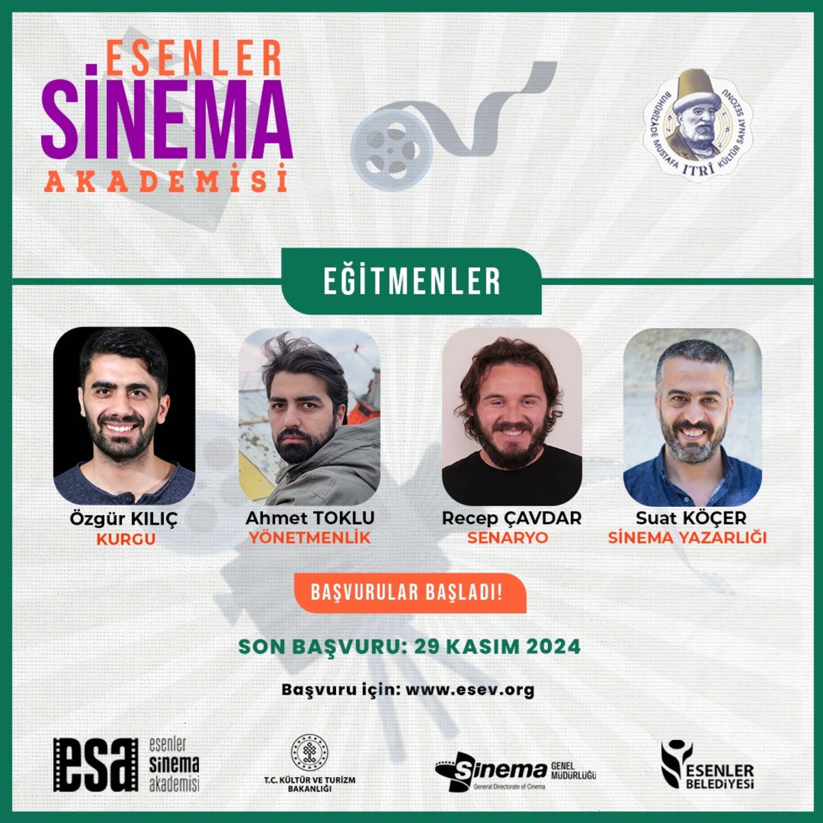 🎬 Esenler Sinema Akademisi Başvuruları Başladı! 🎬

Esenler Sinema Akademisi kurgu, yönetmenlik, senaryo ile sinema tarihi ve yazarlığı alanlarında, uzman eğitmenleriyle yeni döneme başlıyor! 📽️✨

🗓️ Son Başvuru Tarihi: 29 Kasım 2024

🔗 Başvuru için: esev.org