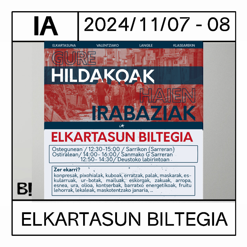 🗓️| Elkartasun biltegia antolatu dute IAko kideek ostegunean eta ostiralean, DANAren ondorioz kaltetuak izan direnei babesa adierazteko.
Bihar Sarrikon egingo dute eta ostiralean San Mamesen eta Deuston.