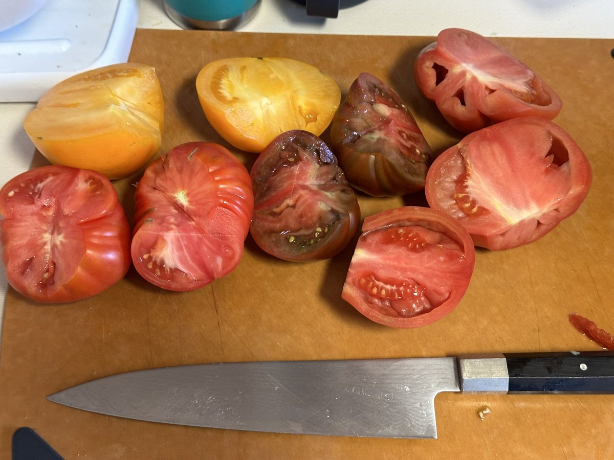 fomoco36's tweet photo. Store bought heirloom tomatoes with German bratwurst and bacon fried potatoes. ❤️❤️❤️🙏🏻🙏🏻🙏🏻 https://t.co/XPglTpGErr