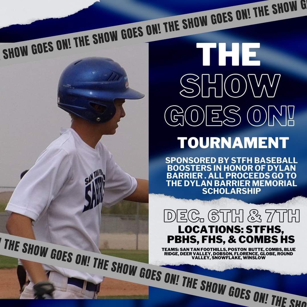 We are just one month away from "The Show Goes on!" Memorial Baseball Tournament in honor of former Sabercat Dylan Barrier! We are excited to expand to 12 teams and 4 sites this year.  Come join us for 2 days of baseball, Dec. 6th &amp; 7th!
