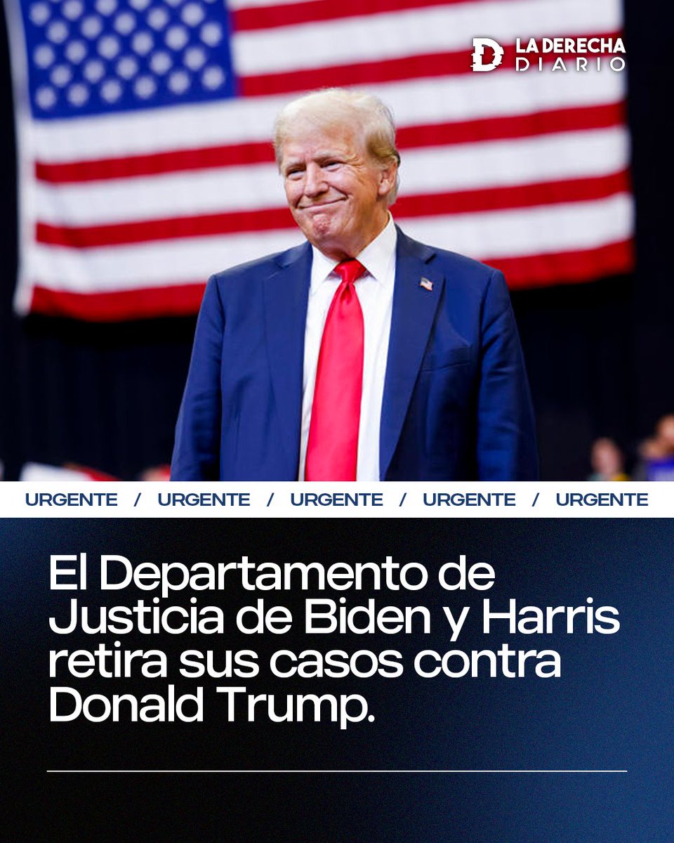 🚨🇺🇸 | #URGENTE El Departamento de Justicia de los Estados Unidos retiró hace instantes los casos contra el presidente electo Donald Trump.