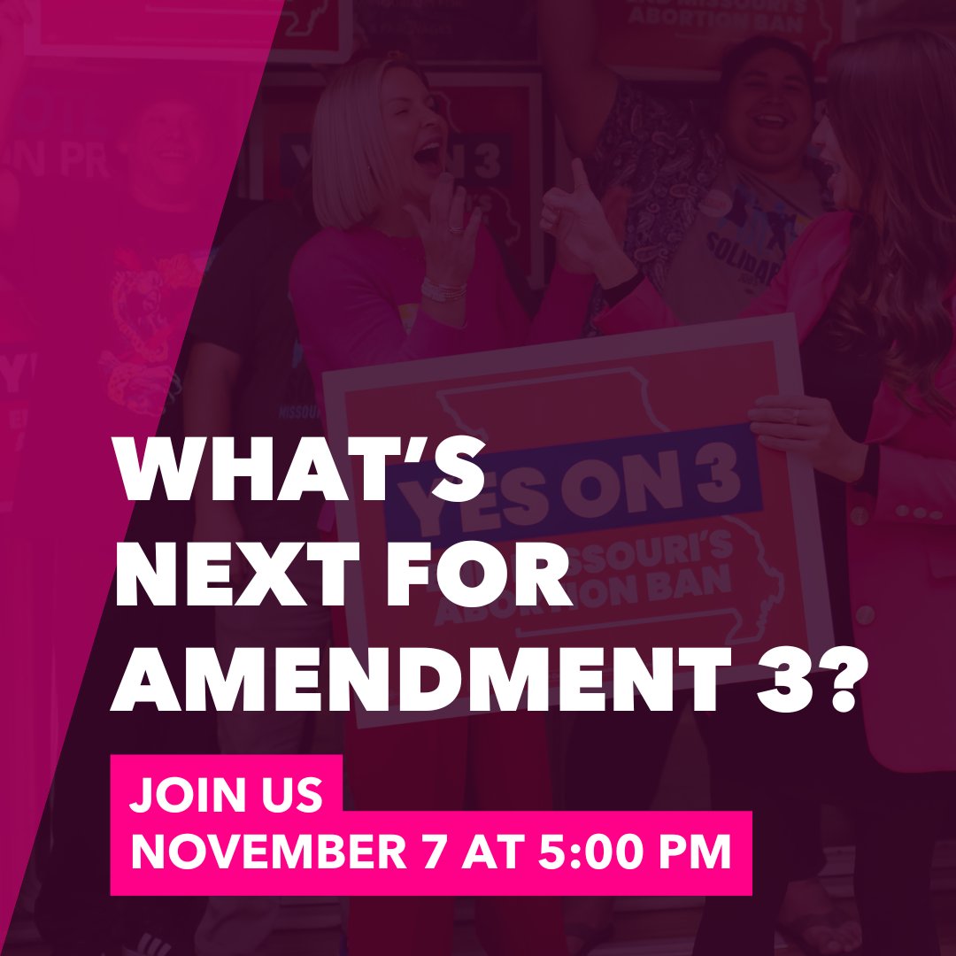Missouri voters spoke loud and clear by voting YES on 3 to end Missouri's abortion ban! Join us tomorrow, November 7 at 5:00 p.m. for an event to celebrate this victory and learn what's next for Amendment 3 and abortion access in Missouri. RSVP: mobilize.us/mfcf/event/742…