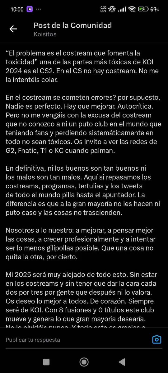 CS2_ES's tweet photo. Ibai Llanos hizo este comentario en la Comunidad de @MovistarKOI sobre el roster de #CS2 y la toxicidad. 🫠

❌ Poco después lo borró 

Queremos saber vuestra opinión 🫡

(foto vía @mediavida)