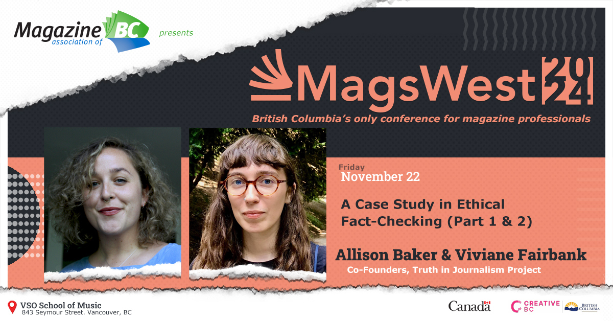 We’re hosting Allison Baker—co-founder of Truth in Journalism Project &amp; head of research at The Walrus—for #MagsWest2024 sessions on ethical fact-checking! She’s written, edited &amp; fact-checked for Toronto Life, NPR, Canadaland &amp; more bit.ly/48y2766