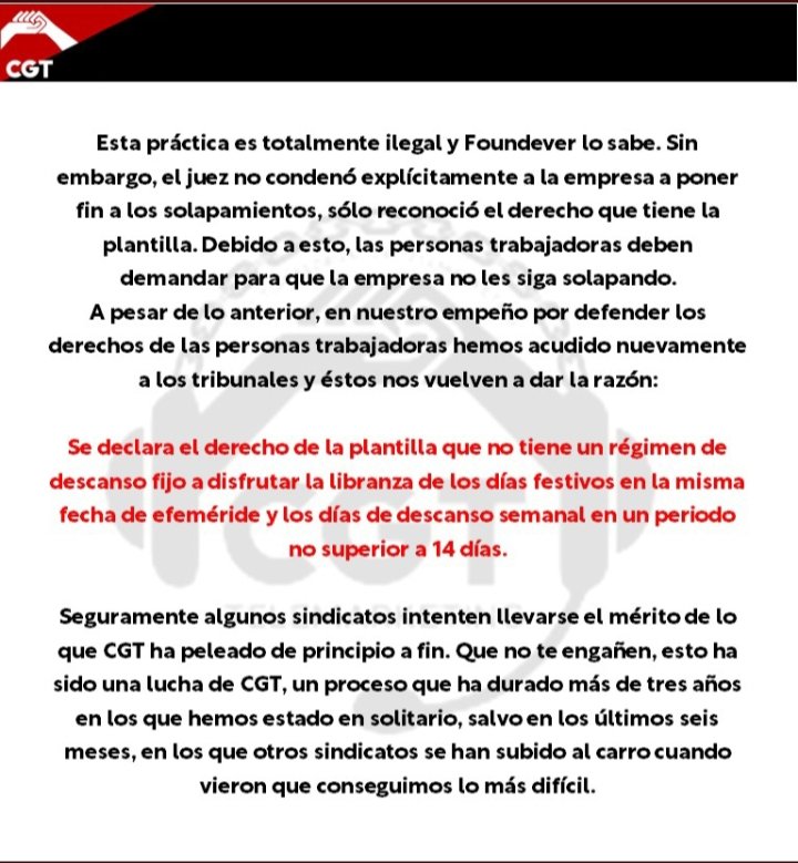 Se declara el derecho de la plantilla que no tiene un régimen de descanso fijo a disfrutar la libranza de los días festivos en la misma fecha de efeméride y los días de descanso semanal en un periodo no superior a 14 días.