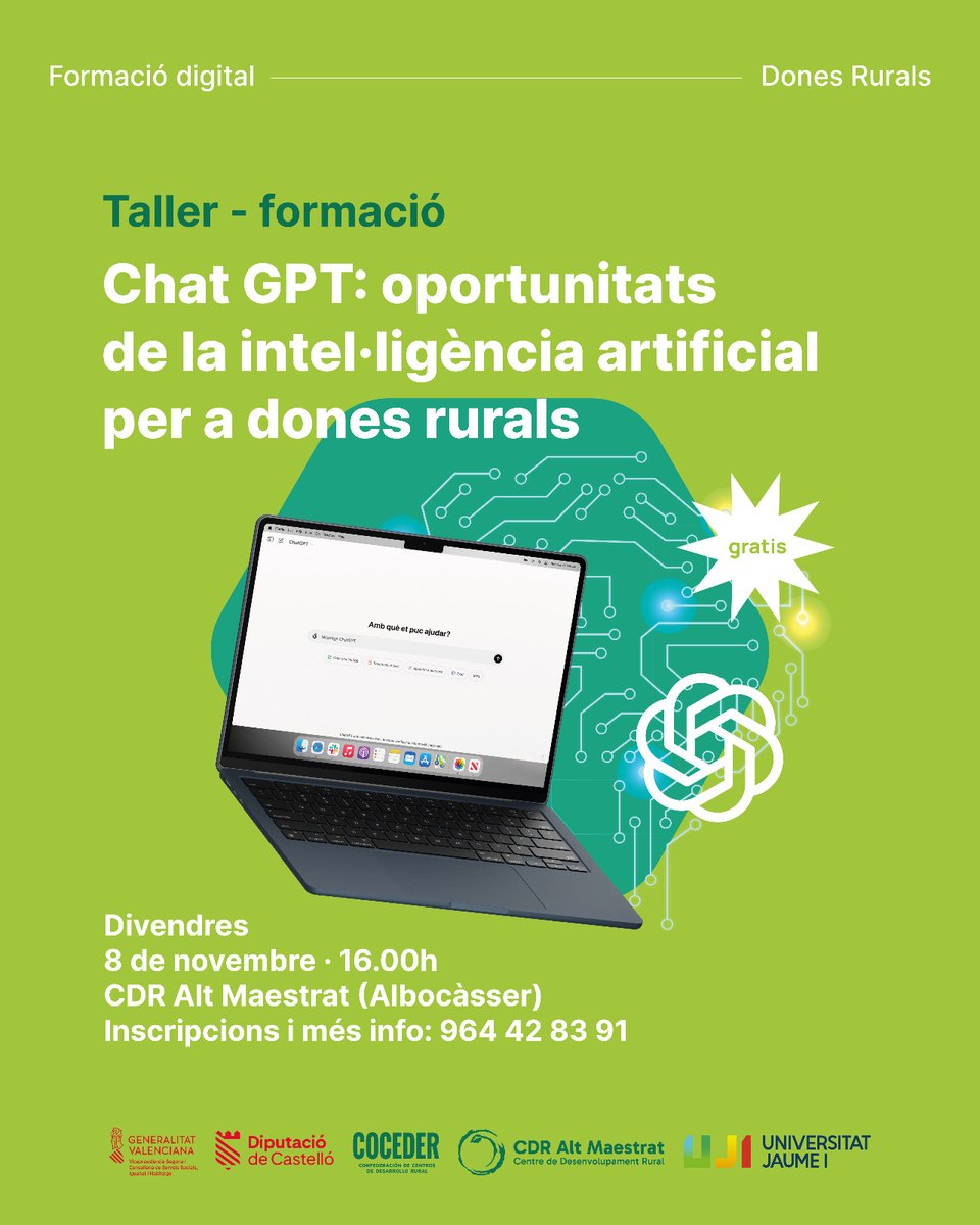 regrangel's tweet photo. Últimes places!!  El  8/11/24 a les 16 h en Albocàsser un grup de profes de l'UJI realitzarem un taller gratuït de formació en ChatGPT. Si voleu assistir encara queden places, inscripcions i info: 964428391. Patrocina: Diputació de Castelló i CDR Alt Maestrat #somUJI #ESTCE #GEI https://t.co/c87QiyiRRA