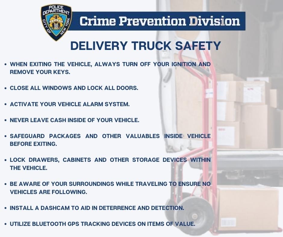 NYPD78Pct's tweet image. Stay vigilant while delivering packages in the Park Slope area as there have been incidents of packages being stolen from vehicles. Check out these tips on delivery truck safety to help prevent these thefts.
