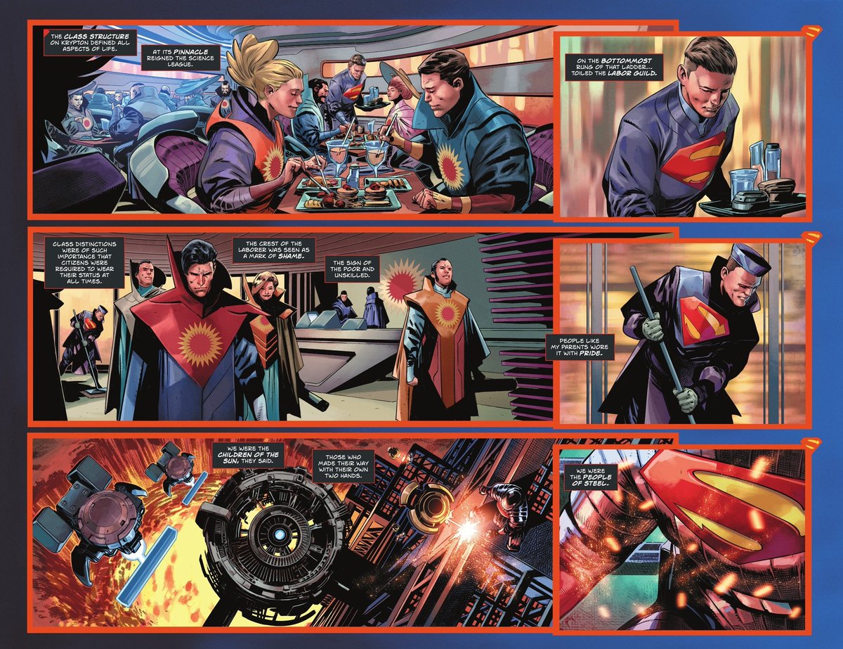 comics_jeff's tweet photo. Krypton's caste system in Absolute is just brilliant. The scientific class at the top flaunted their status, while the laborer class was *meant* to be shameful. 

"People like my parents wore it with pride. We were the people of STEEL"

Superman now symbolizes the working class https://t.co/xEAoTh3zUQ