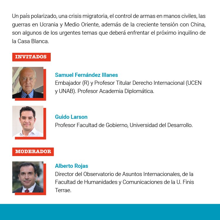 ObsInterUFinisTerrae (@obsinteruft) on Twitter photo ¡Hoy! No te pierdas el conversatorio sobre los resultados de las elecciones de Estados Unidos. Con la distinguida presencia de Samuel Fernández y Guido Larson (<a href="/guidolarson/">Guido Larson</a>). Moderado por el director del Observatorio de Asuntos Internacionales Alberto Rojas (<a href="/arojas_inter/">Alberto Rojas</a>). ¡Hoy! No te pierdas el conversatorio sobre los resultados de las elecciones de Estados Unidos. Con la distinguida presencia de Samuel Fernández y Guido Larson (<a href="/guidolarson/">Guido Larson</a>). Moderado por el director del Observatorio de Asuntos Internacionales Alberto Rojas (<a href="/arojas_inter/">Alberto Rojas</a>).