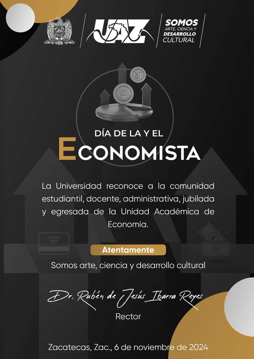 En este Día de la y el economista felicito a la comunidad estudiantil, docente, administrativa, jubilada y egresada de la Unidad Académica de Economía.

¡Felicidades, economistas UAZ!

#SomosUAZ 
#SomosArteCienciayDesarrolloCultural