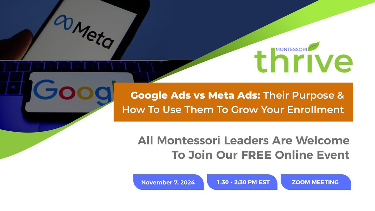 thrive_nido's tweet photo. 📣 Join us this Thursday for a Town Hall tailored for Montessori leaders! We’ll dive into the unique benefits of Google Ads vs. Meta Ads. Register to join our town hall for free here: 
https://t.co/YrZaq4O8kA

#MontessoriMarketing #EnrollmentBoost #GoogleAds #MetaAds #Montessori https://t.co/FKOZrcDBbU