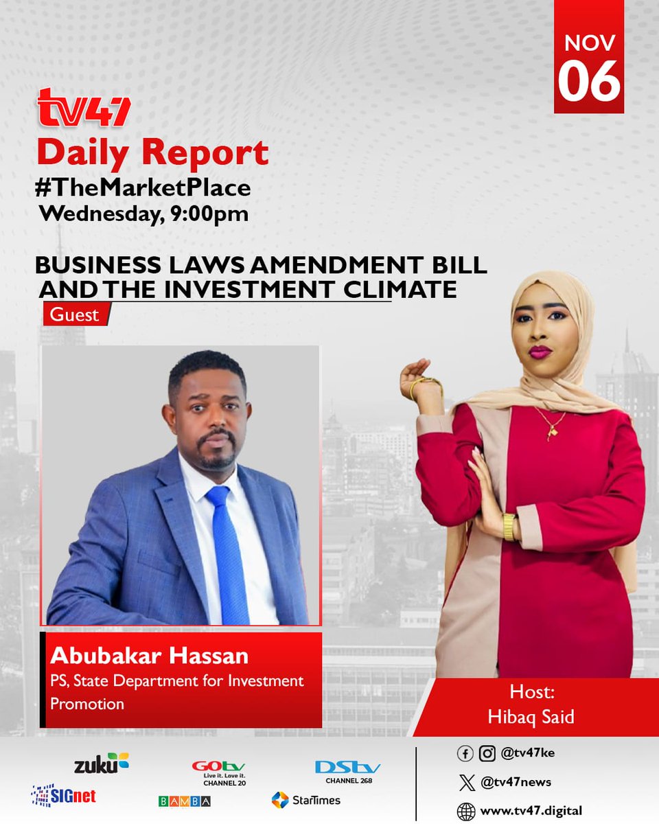 Join the #TheMarketPlace conversation tonight from 9 pm on <a href="/tv47news/">TV47</a>  as Ps Hassan will be unlocking much about Business Laws amendment bill and investment climate,

This is a much watch conversation don't miss!