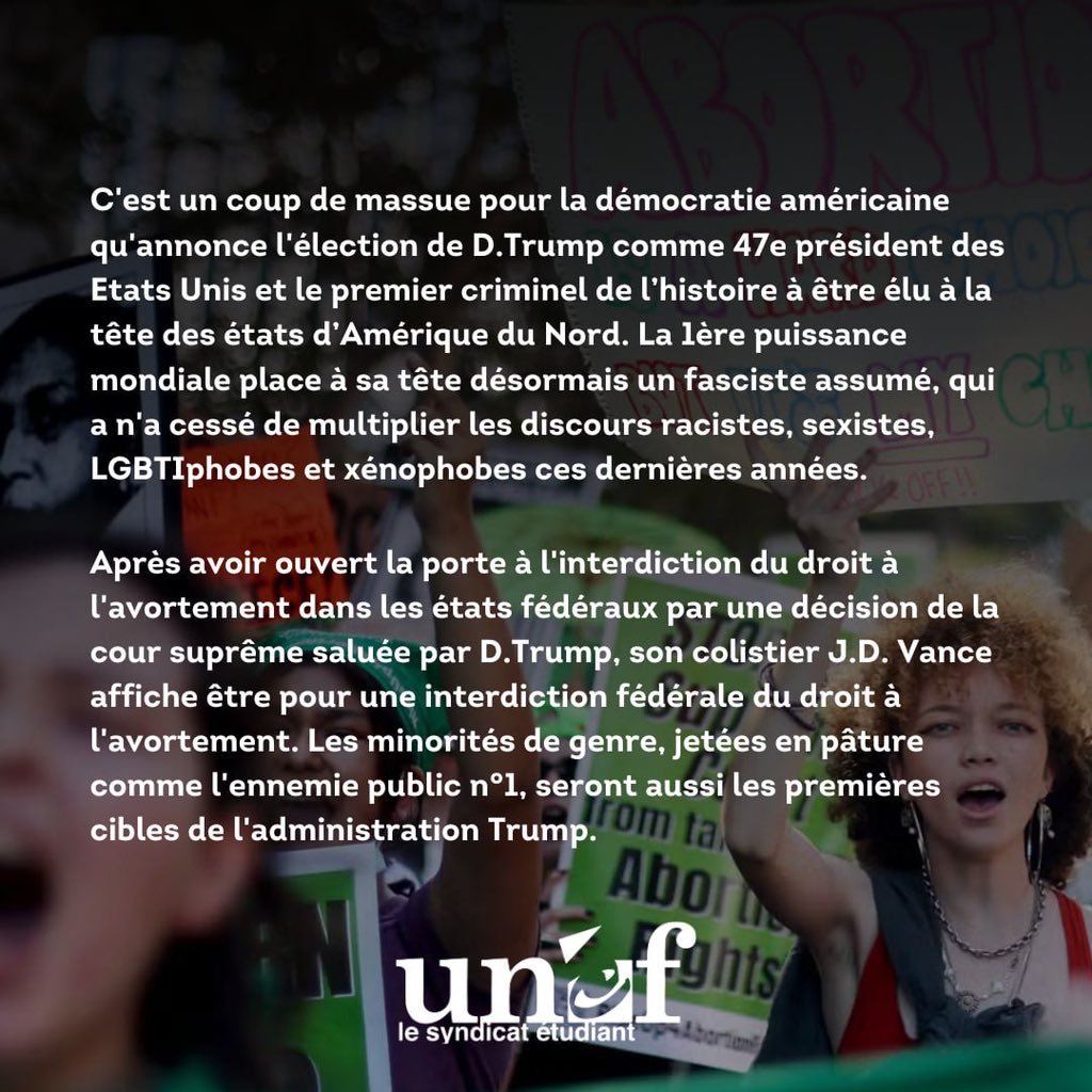 La victoire de Trump aux états unis signe le retour du fascisme à la tête de la 1ere puissance mondiale.

Partout dans le monde la démocratie est attaquée par les forces fascistes. Face à cela, la lutte pour une société juste et égalitaire se doit d’être internationale