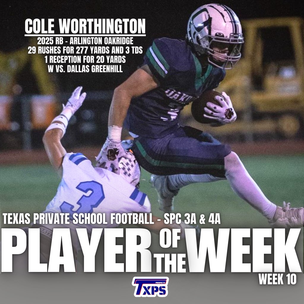Texas Private School Football (@txprivatefbguy) on Twitter photo 🚨 TXPSFB Player of the Week 🚨
🚨 SPC🚨
🚨 Week 10 🚨
Cole Worthington
2025 RB - Arlington Oakridge
<a href="/ColeWorth9/">Cole Worthington</a>
<a href="/oakridgeowls/">The Oakridge School</a>
#RecruitTXPSFB 🚨 TXPSFB Player of the Week 🚨
🚨 SPC🚨
🚨 Week 10 🚨
Cole Worthington
2025 RB - Arlington Oakridge
<a href="/ColeWorth9/">Cole Worthington</a>
<a href="/oakridgeowls/">The Oakridge School</a>
#RecruitTXPSFB