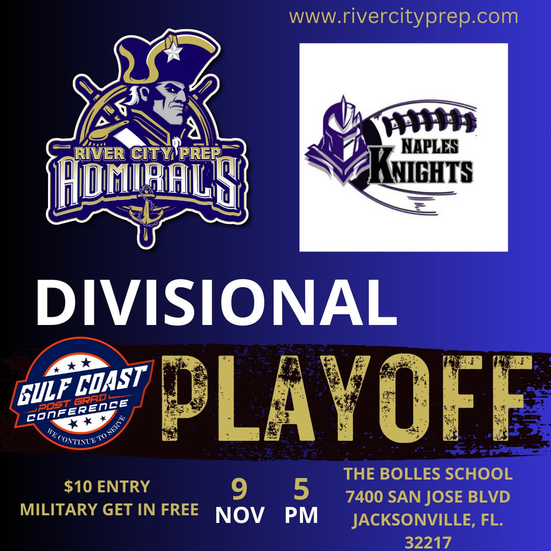 River City Post-Grad Football (@rivercityprepfb) on Twitter photo We're EXCITED to announce we have made the playoffs and will host <a href="/KnightsNaples/">Naples Knights Football Academy</a> this Saturday, November 9th at 5pm. Tickets are now available via Go Fan. <a href="/DuvalSports/">Duval Sports</a> <a href="/oneclaysports/">Clay County Athletics</a> <a href="/TheNPGAA/">National Post Grad Athletic Association</a> <a href="/NPGSN/">National Post Grad Sports Network</a> <a href="/PostGradRecruit/">PostGradRecruits INC.</a> We're EXCITED to announce we have made the playoffs and will host <a href="/KnightsNaples/">Naples Knights Football Academy</a> this Saturday, November 9th at 5pm. Tickets are now available via Go Fan. <a href="/DuvalSports/">Duval Sports</a> <a href="/oneclaysports/">Clay County Athletics</a> <a href="/TheNPGAA/">National Post Grad Athletic Association</a> <a href="/NPGSN/">National Post Grad Sports Network</a> <a href="/PostGradRecruit/">PostGradRecruits INC.</a>